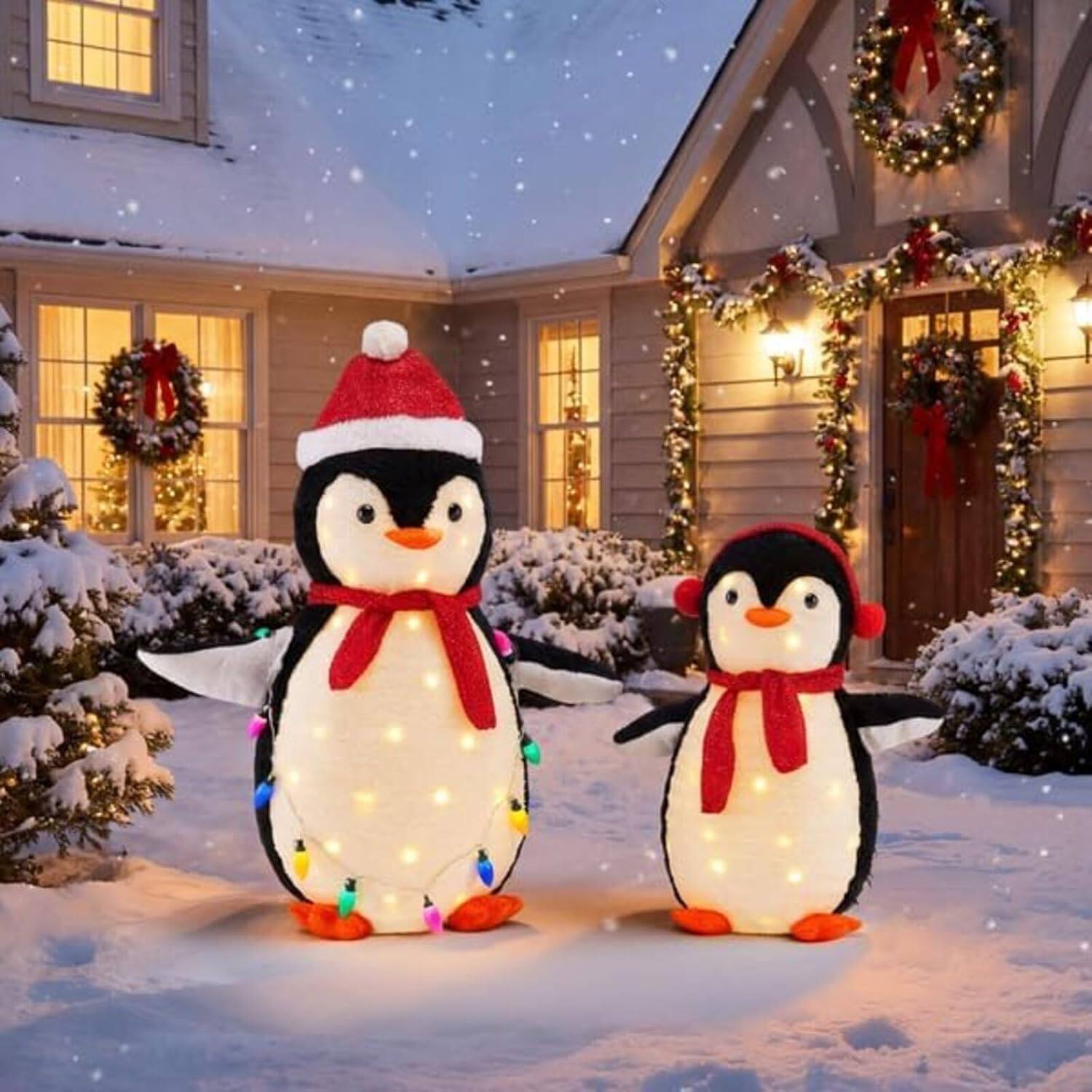 Alt View 4. Sweet - 2-Piece Lighted Penguin Family, 150 LED Lights, Pop Up Outdoor Christmas Yard Decoration - Red.