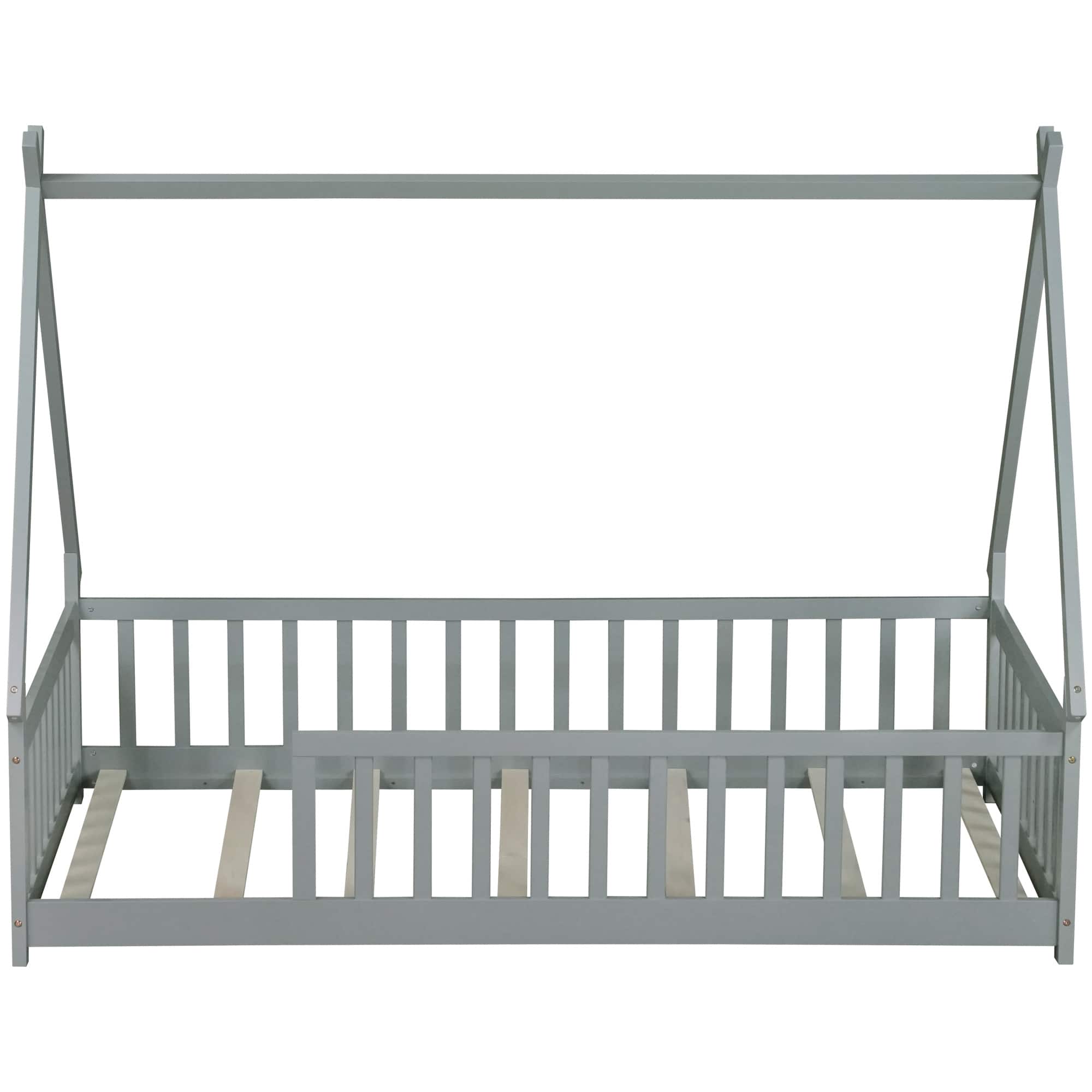 GOODSILO - Twin-Size Tent-Shaped Low Profile Floor Bed with Safety Guardrails and Slatted Base - Gray