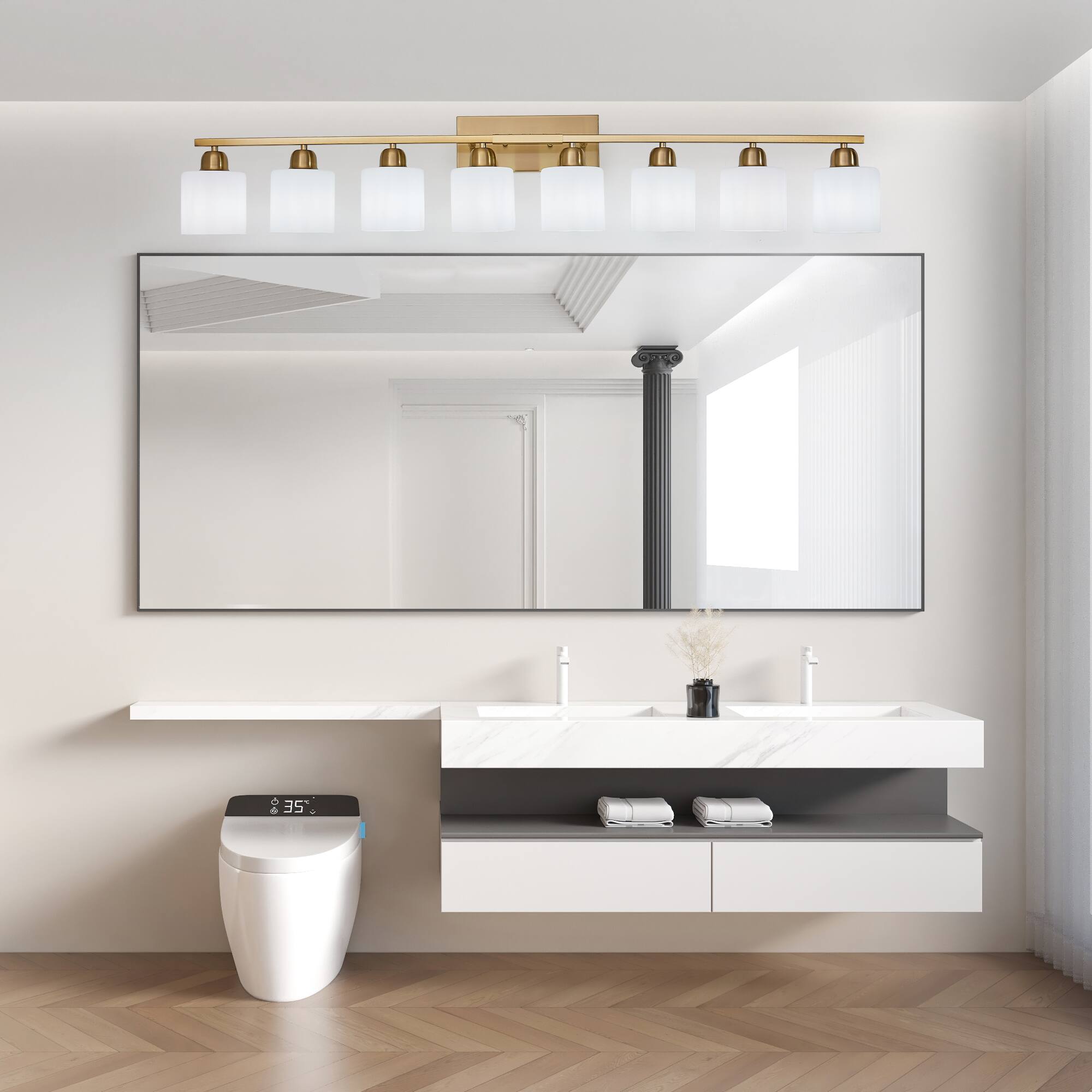 Angle. HOMLUX - 51.57 in. 8 Lights Gold LED Vanity Light Bar Vanity Accent Lighting Fixtures and Metal Wall Sconces with Crystal Shade.