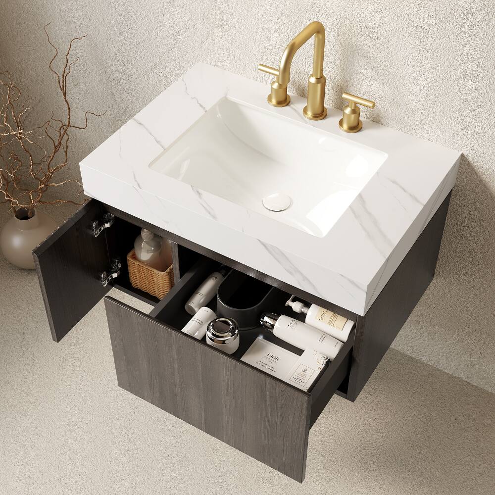 Angle. JUJABU - 30" Floating Bathroom Vanity & Sink, Carrara White Sintered Stone Top & Ceramic Basin - Carrara White.