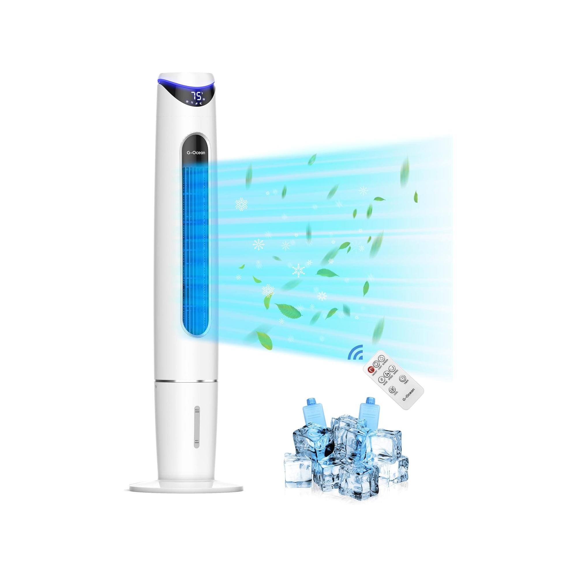 Front. G-Ocean - 46" Evaporative Cooler, Remote, Night Light, 8H Timer, 3 Modes/Speeds, Swamp Cooler - White.