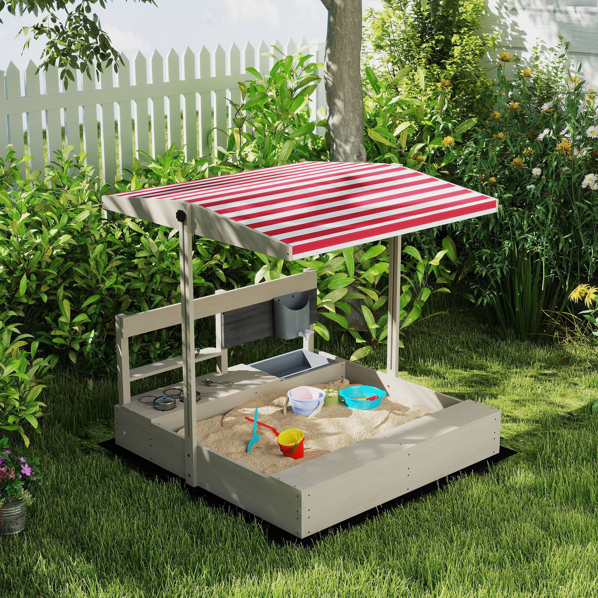 Alt View 4. Outsunny - Kids Sandbox, Height Adjustable Canopy, Wooden, Backyard Toy, Kitchen Playset Accessories, Ages 3-7, Girls and Boys.