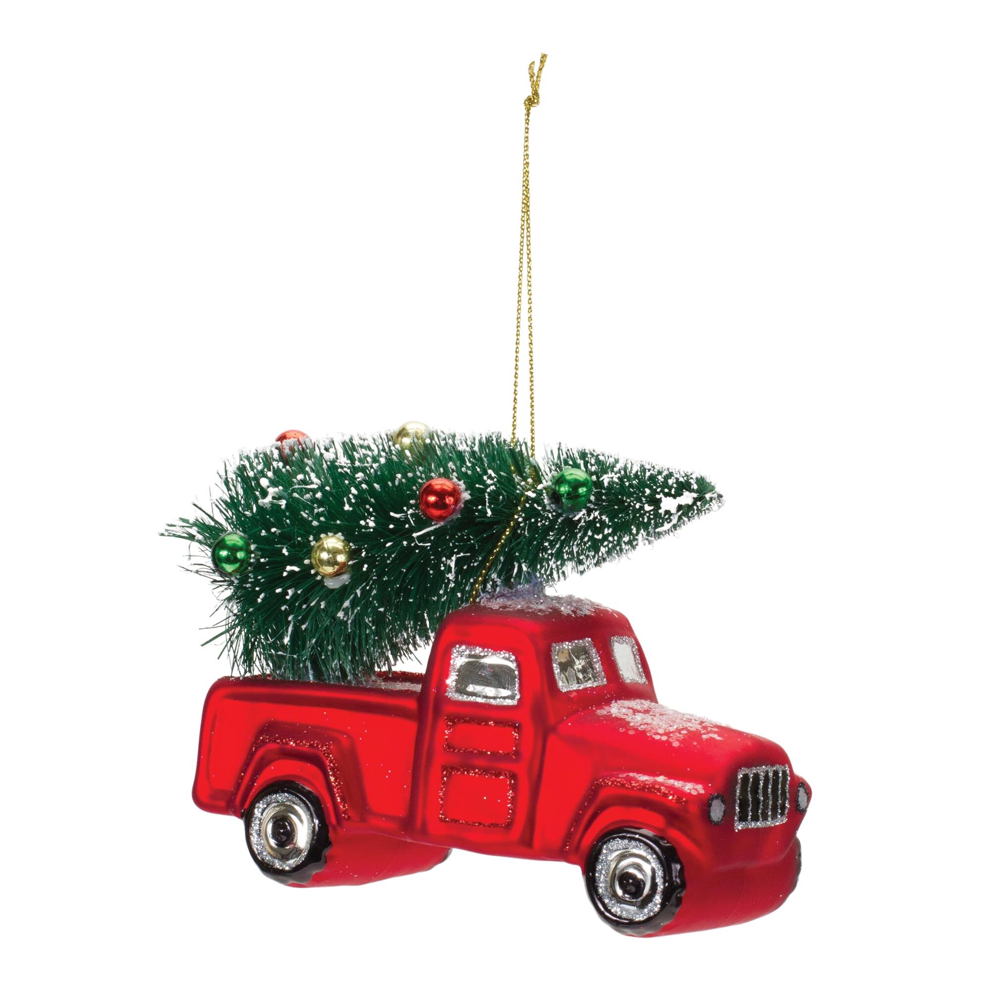 Left. BreeBe - Glittered Glass Pickup Truck Ornament (Set of 6) - Red, Green.