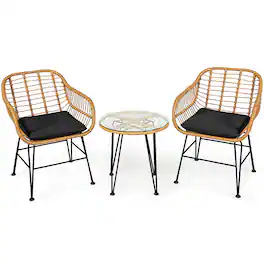 Boyel Living - 3 Pieces Rattan Furniture Set with Cushioned Chair Table - Black