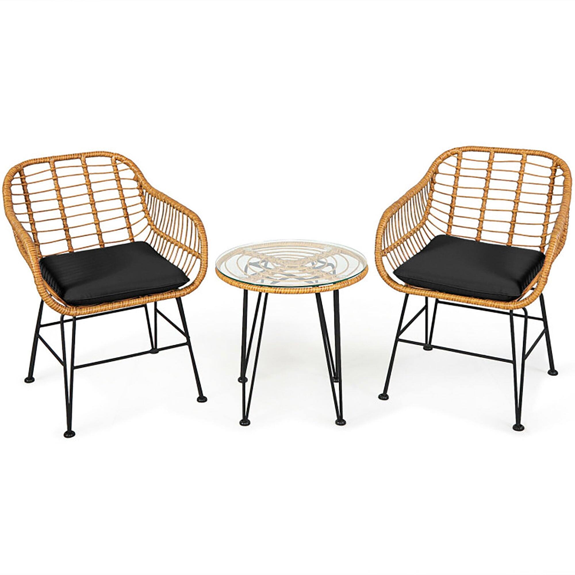 Front. Boyel Living - 3 Pieces Rattan Furniture Set with Cushioned Chair Table - Black.