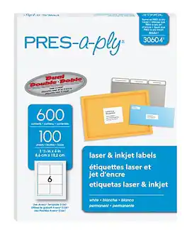 Pres-a-ply - Laser/Inkjet Shipping Labels, 3-1/3" x 4", 600 Labels/Box - White