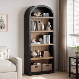 Qeetex - 71.65" Arched Farmhouse Bookcase, 5-Tier Tall Wooden Bookshelf for Living Room, Office & Bedroom Display - Black+Natural