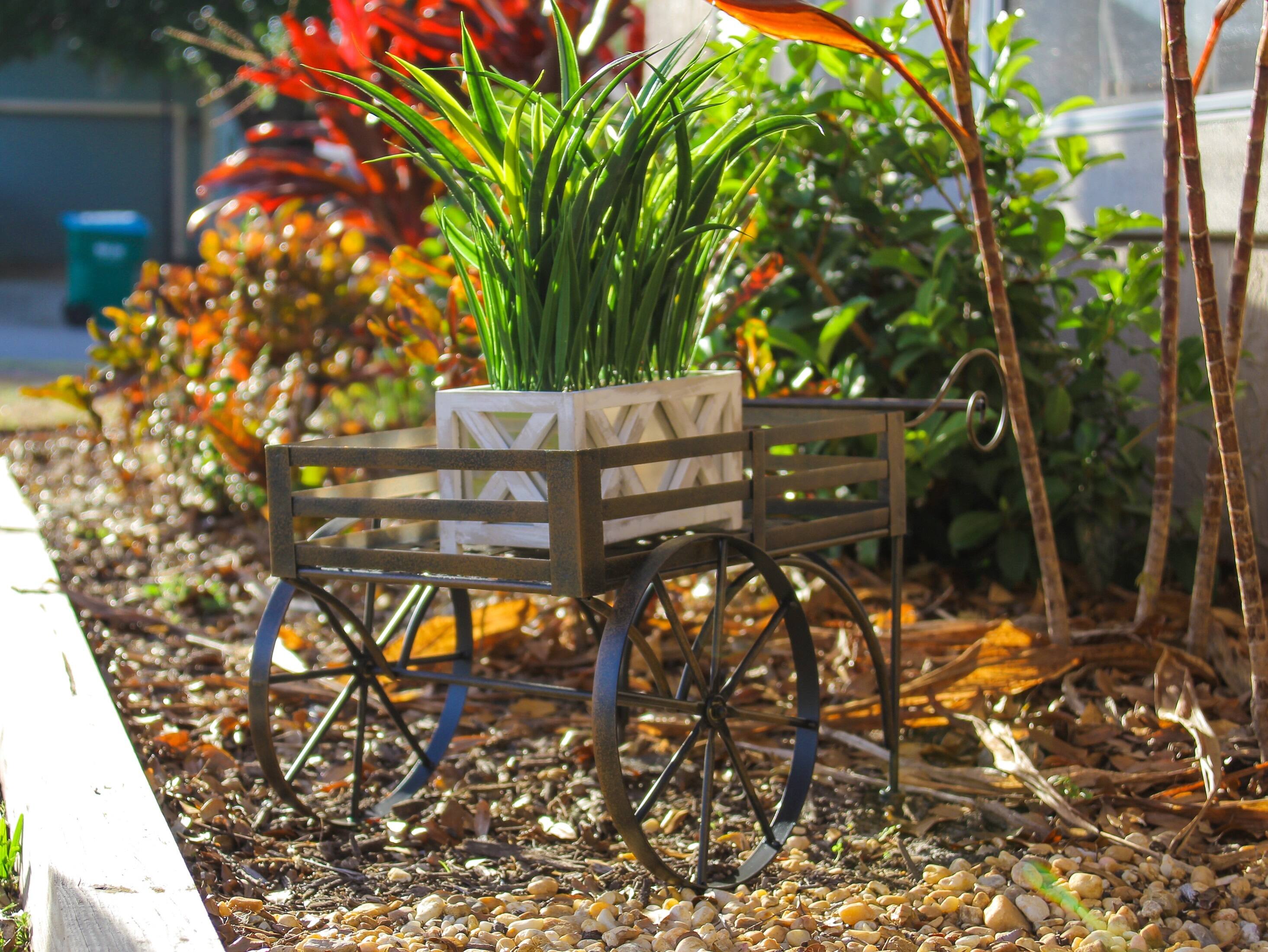 Alt View 5. Zeckos - 26 Inch Rustic Metal Wagon Cart Plant Stand Flower Holder Patio Art Garden Decor - Brown.