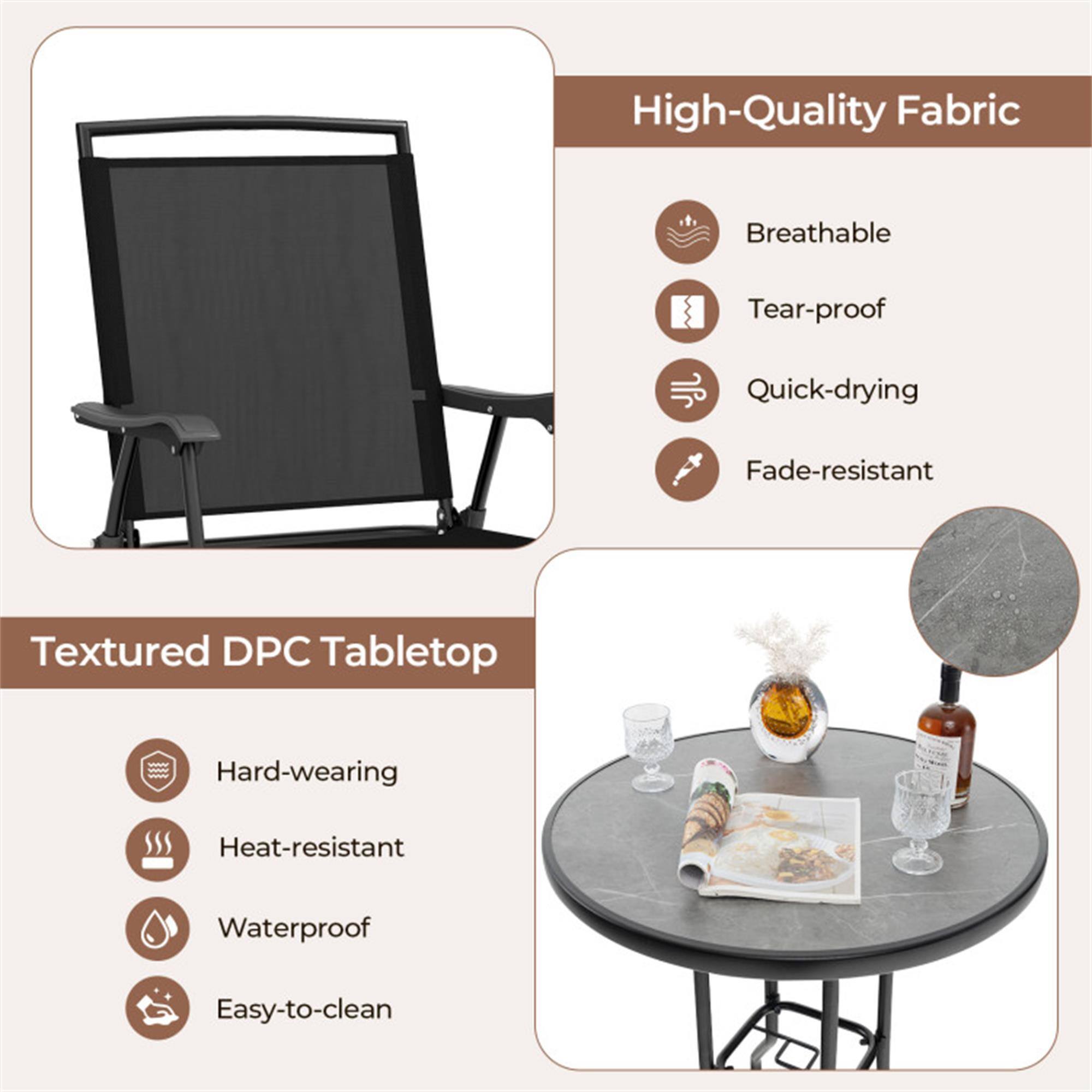 High-Quality Fabric  
- Breathable  
- Tear-proof  
- Quick-drying  
- Fade-resistant  

Textured DPC Tabletop  
- Hard-wearing  
- Heat-resistant  
- Waterproof  
- Easy-to-clean
