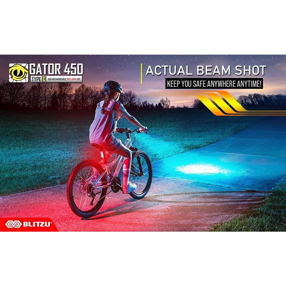 GATOR 450  
TYPE 1  
USB Rechargeable Bike Light Set  

ACTUAL BEAM SHOT  
KEEP YOU SAFE ANYWHERE ANYTIME!  

BLITZU