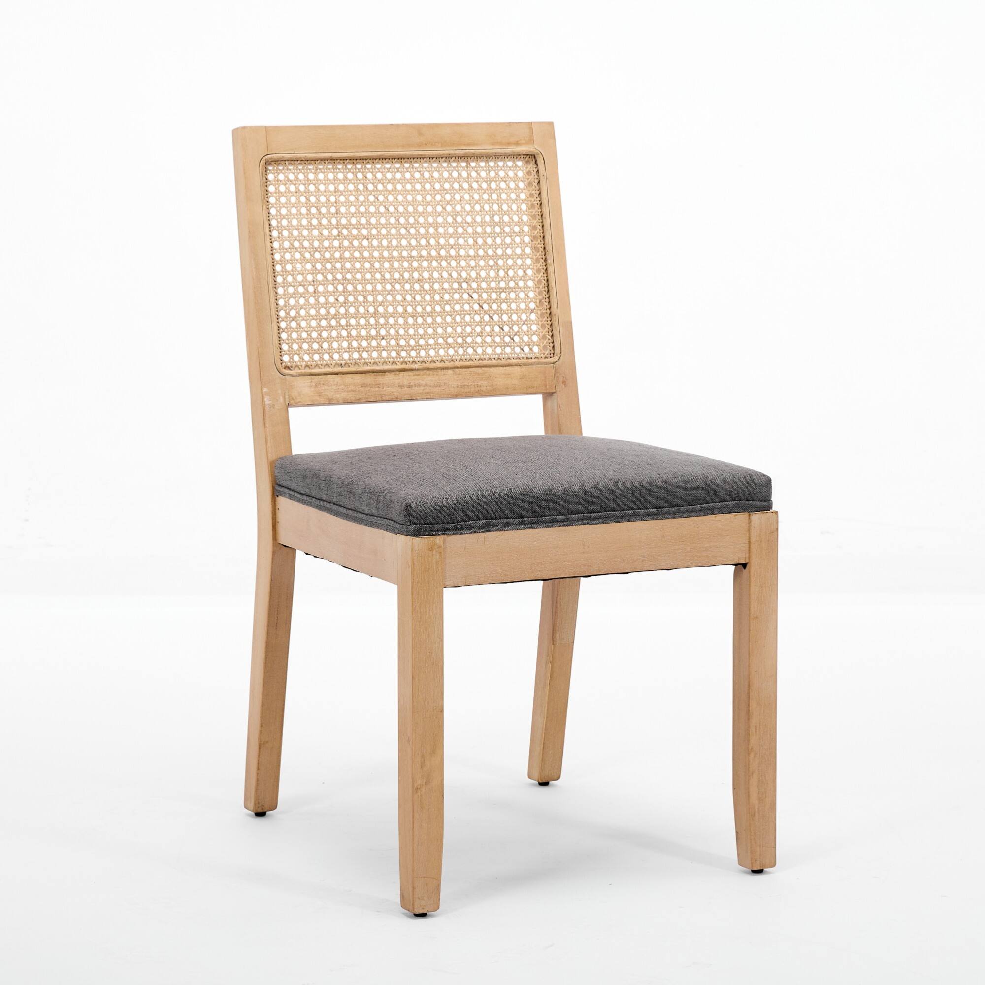 Left. GOODSILO - Set of 2 Modern Farmhouse Dining Chairs with Rattan Backrest and Linen Upholstery for Kitchen and Dining Room - Gray.