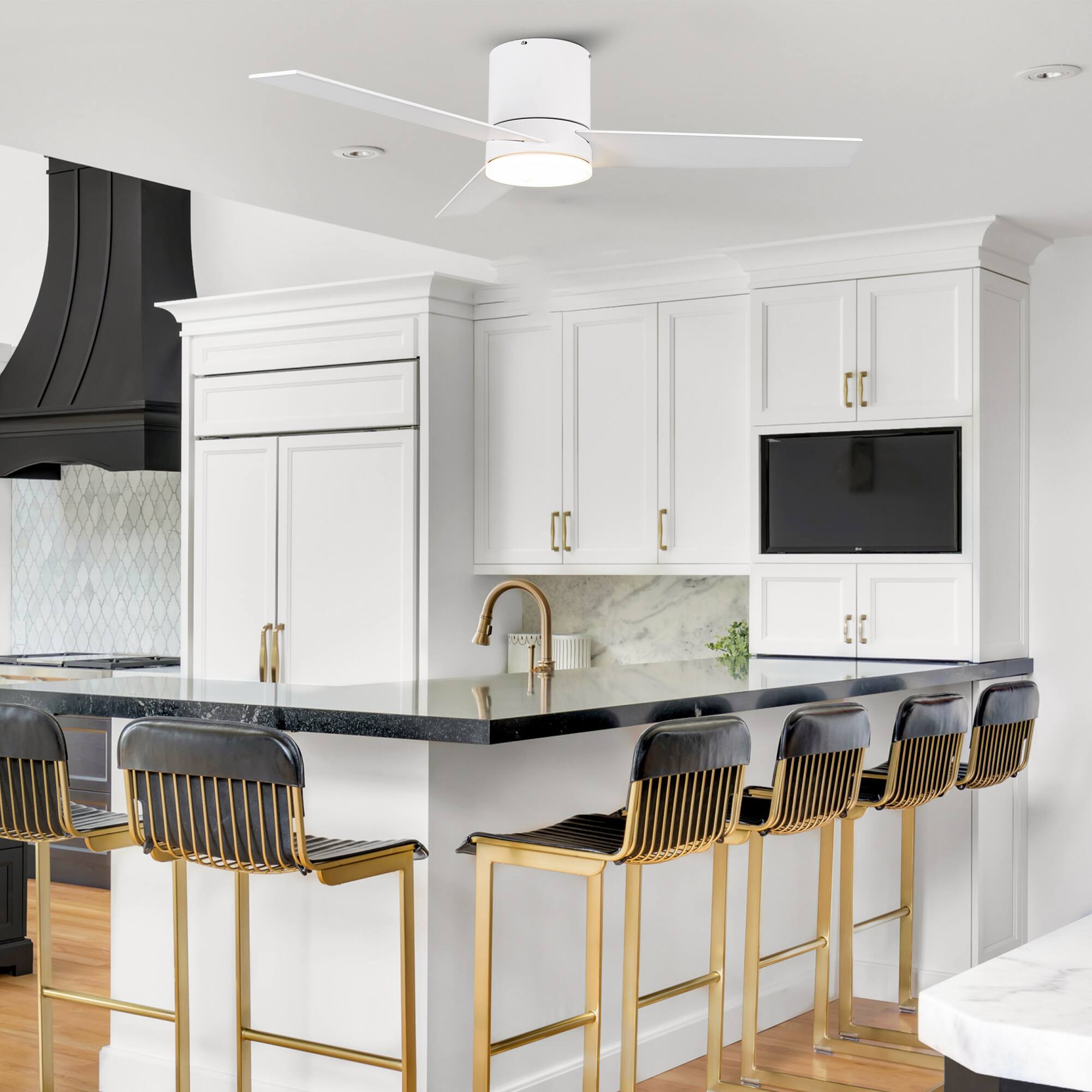 Left. Parrot Uncle - 48" Modern White LED Flush Mount Ceiling Fan with Remote Control - White.