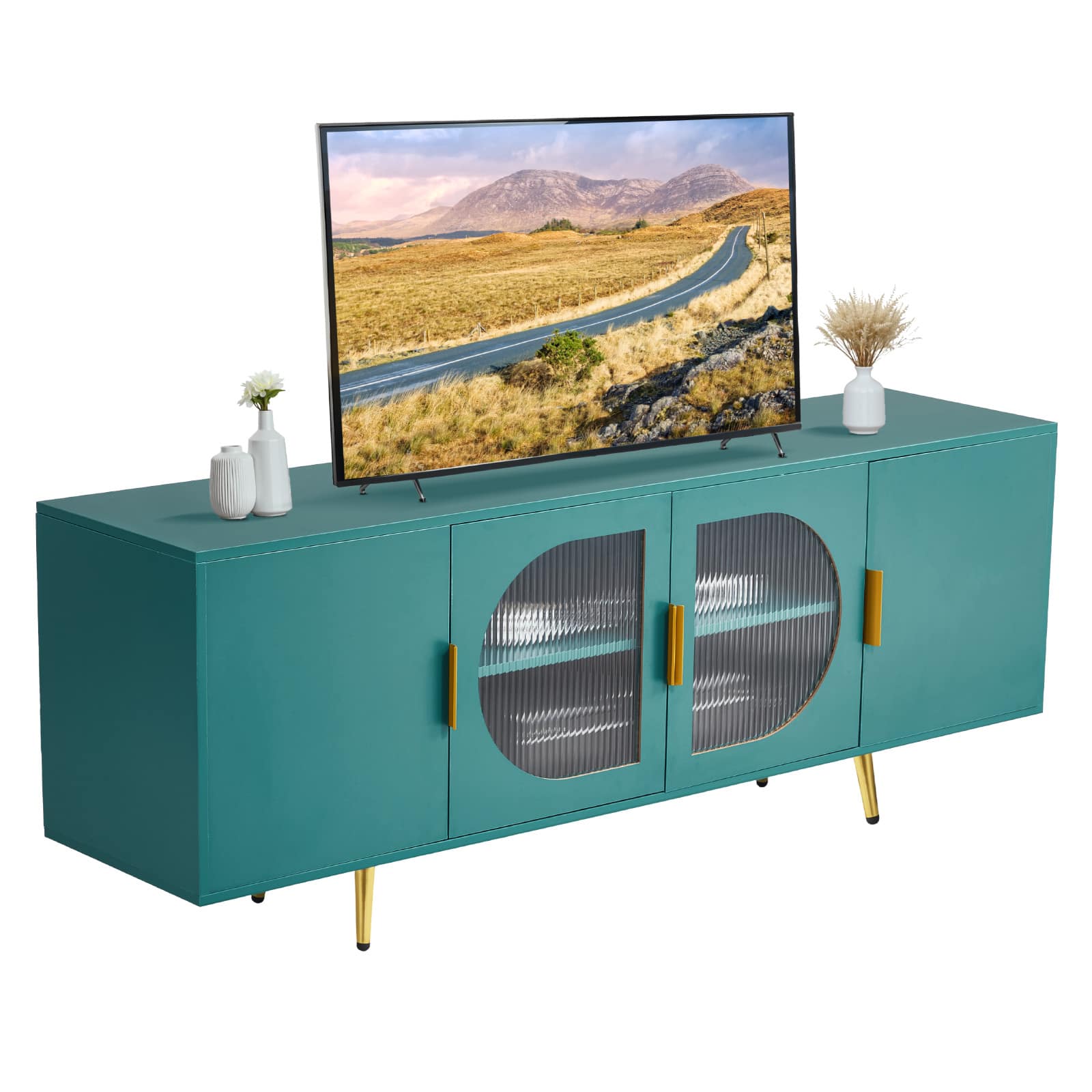 VEVOR - TV Stand for TVs up to 75 inch, with Glass Doors and Gold Legs, TV Cabinet Storage with Adjustable Shelves - Green