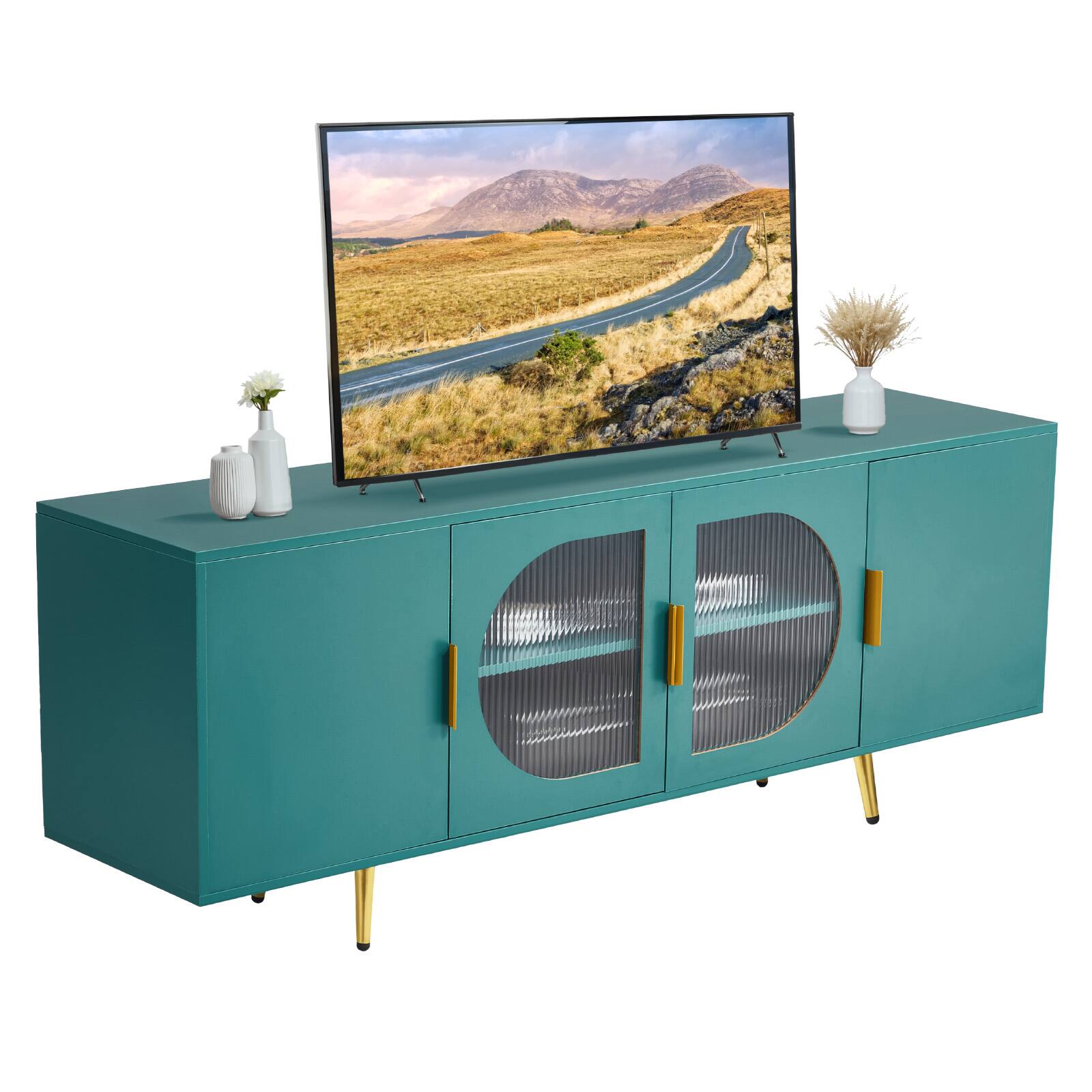 Front. VEVOR - TV Stand for TVs up to 75 inch, with Glass Doors and Gold Legs, TV Cabinet Storage with Adjustable Shelves - Green.