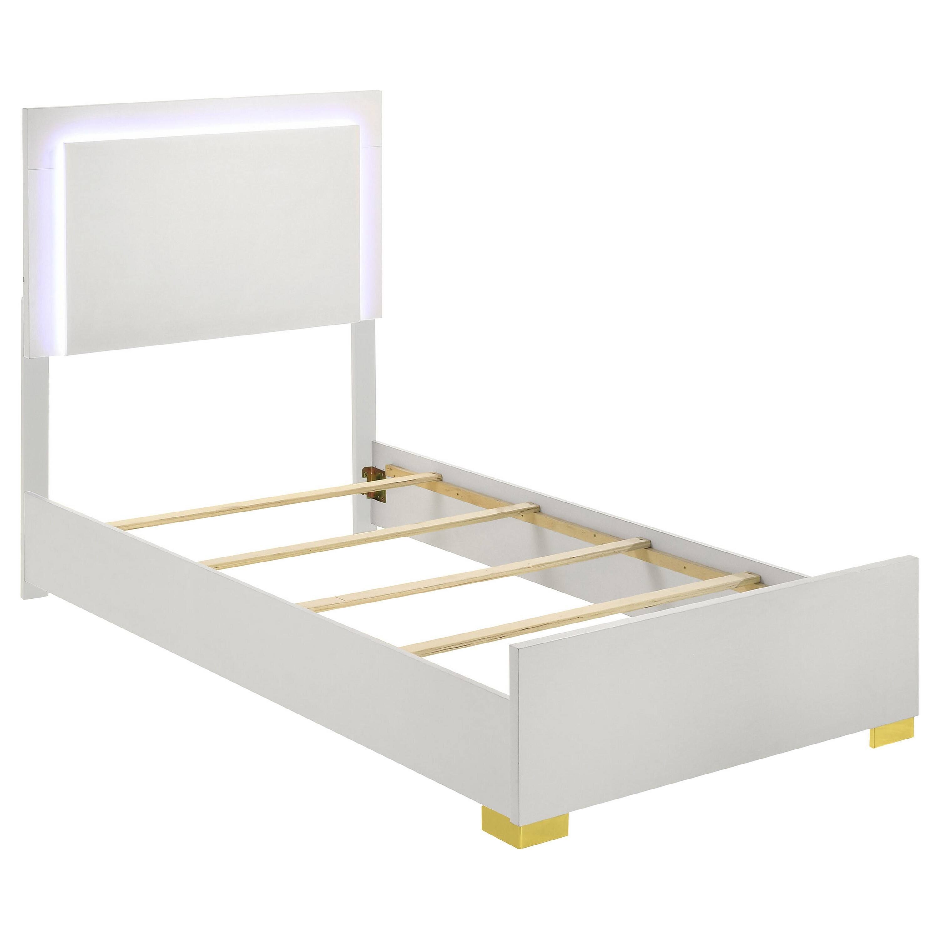 Alt View 1. Manhattan Lane - Dex Twin Size Bed with LED Framed Headboard, White Wood Finish, Gold Legs - White, Gold.