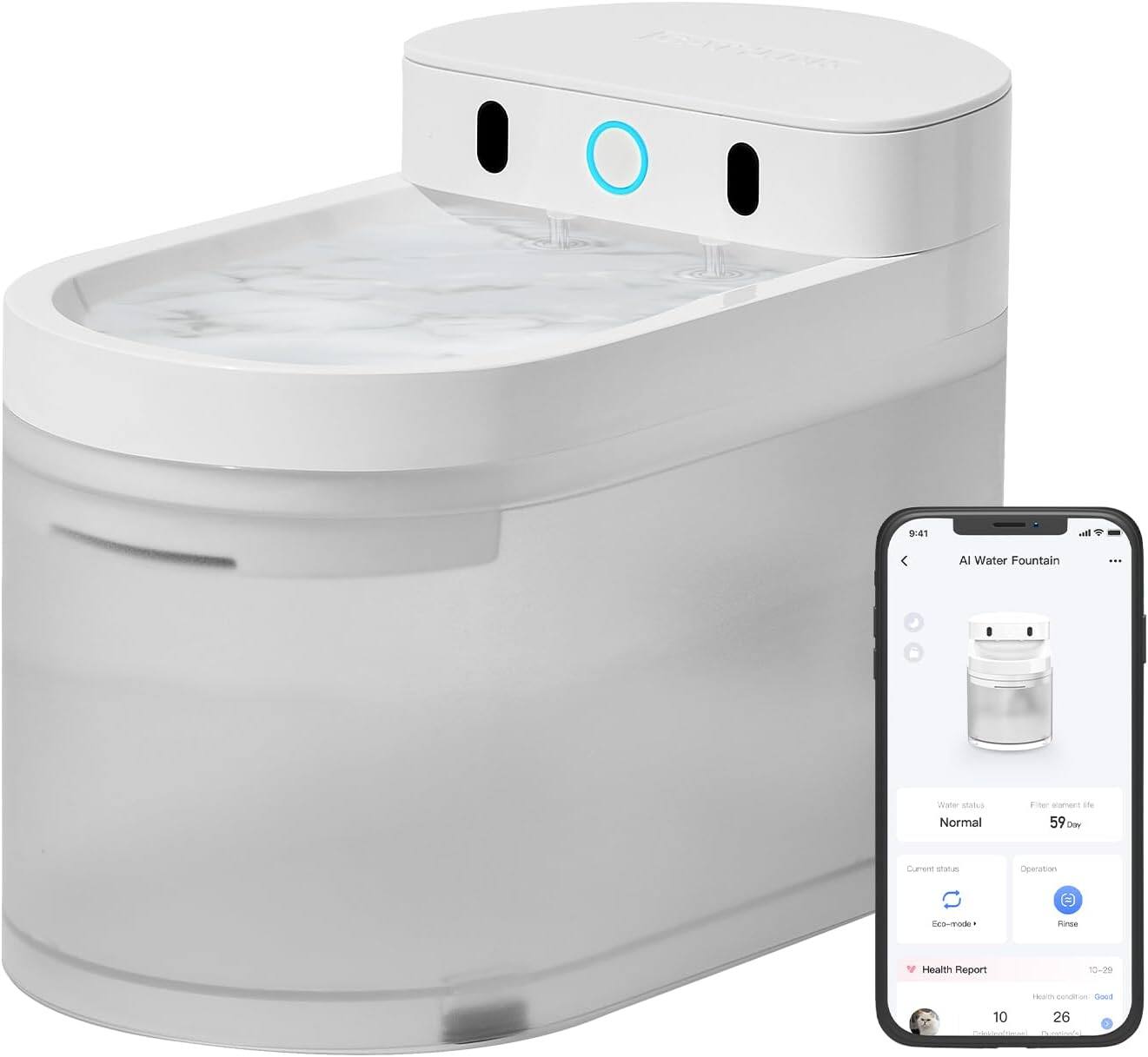 AI Water Fountain
Water status: Normal
Filter element life: 59 days
Current status: Eco-mode +
Operation: Fine
Health Report
Health condition: Good
10 26
10-29