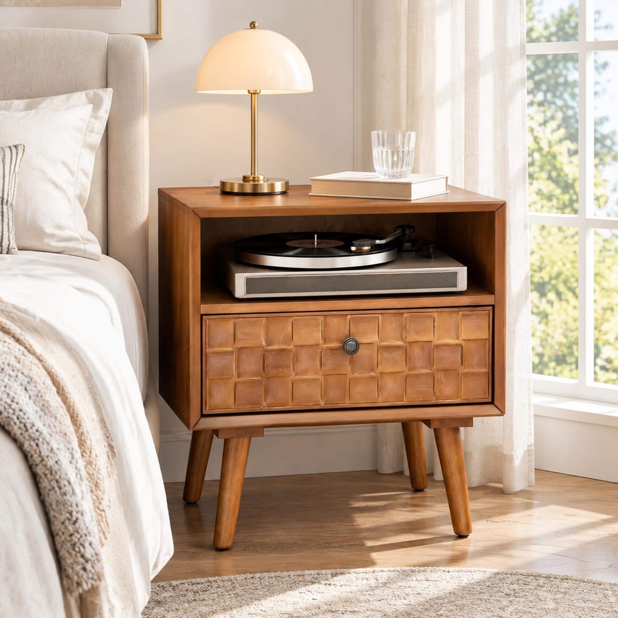 RYHNUYNE - 22 in Mid-Century Modern Wood Nightstand, Geometric Drawer Front, Open Shelf, Solid Wood Legs, Bedside Table - Golden Oak