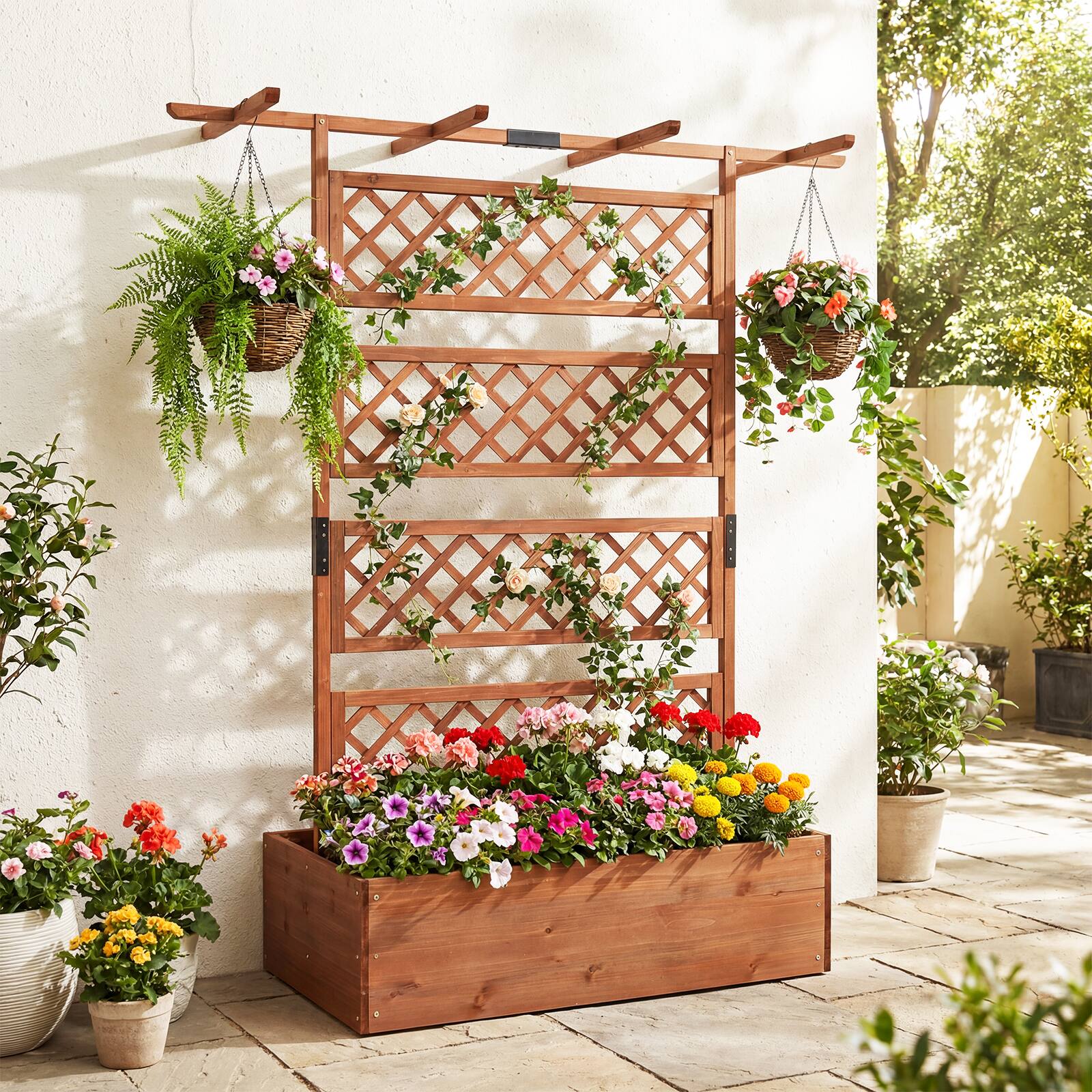 Alt View 3. Gymax - Gymax 72'' Wooden Planter Box w/Lattice Trellis Flat Roof Drainage for Climbing Plant Brown - Brown.