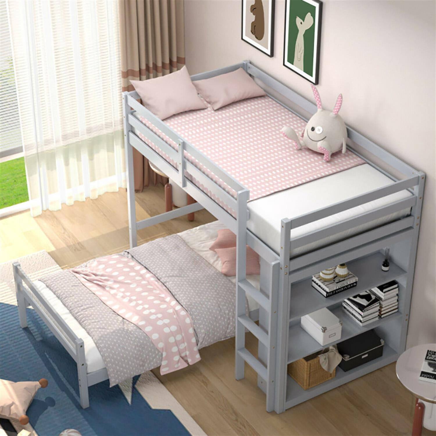 Alt View 2. Pefilos - Twin Over Twin Loft Bunk Bed with Bookcase, Twin Bunk Beds, Space-saving Solid Wood House Bed Frame - Gray.