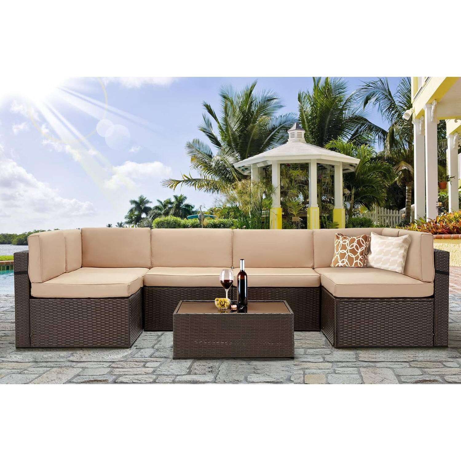 Angle. Mondawe - 7-Piece Rattan Sofa Set with Polyester Cushions - Brown+Beige.