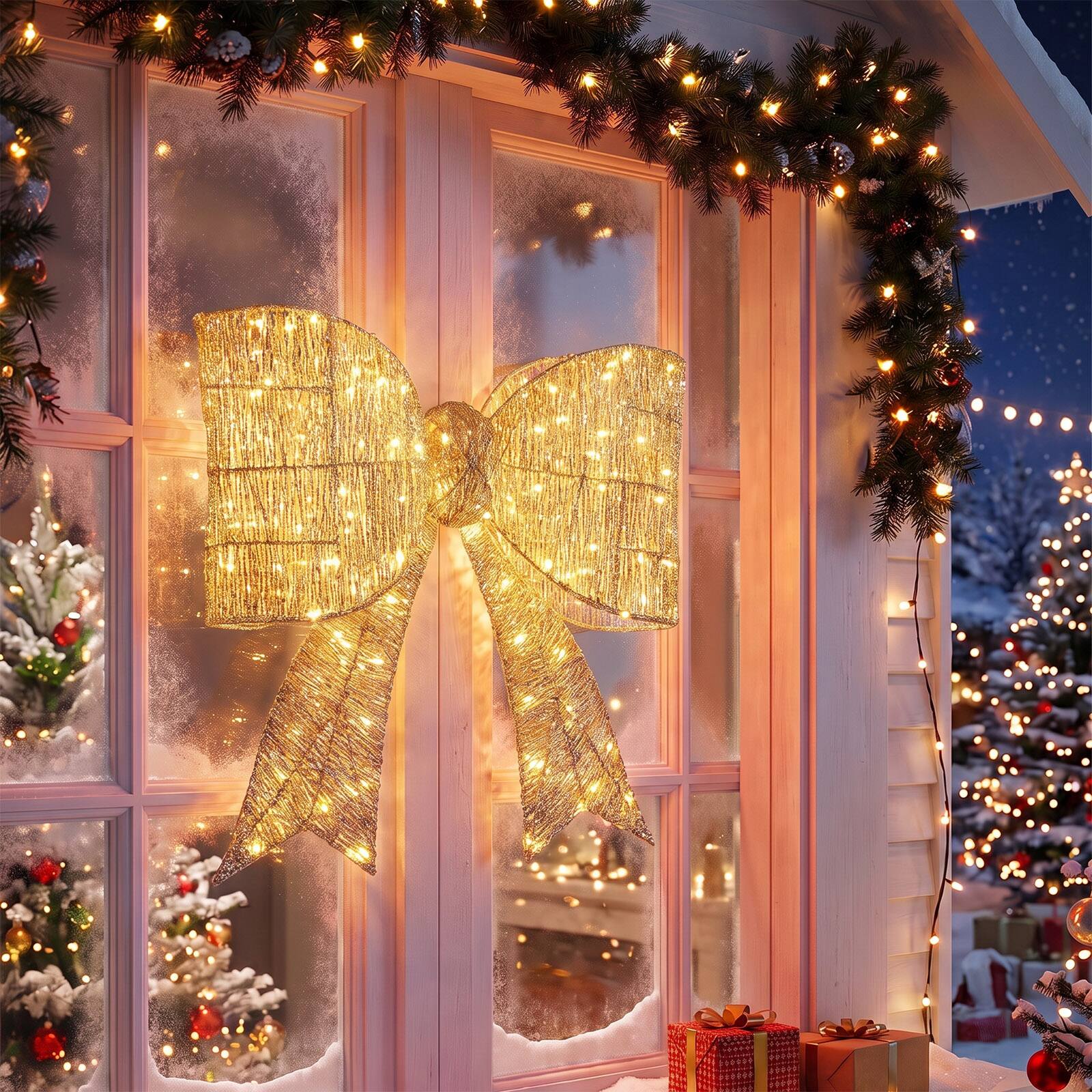 Alt View 4. Costway - Costway 2 PCS Christmas Lighted Bow Decoration 120 Pre-Lit Warm White LED Lights for Porch - Golden.