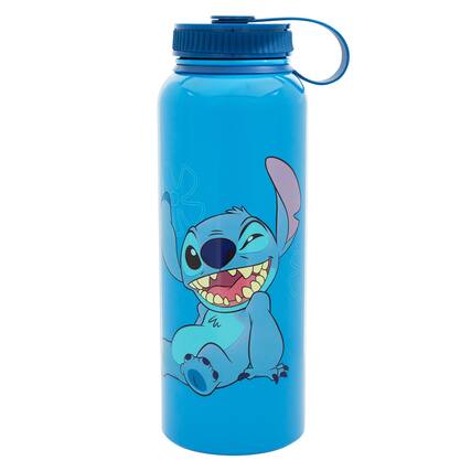 Front. Silver Buffalo - Disney Lilo & Stitch "Ohana Means Family" 42-Ounce Stainless Steel Water Bottle - Blue.
