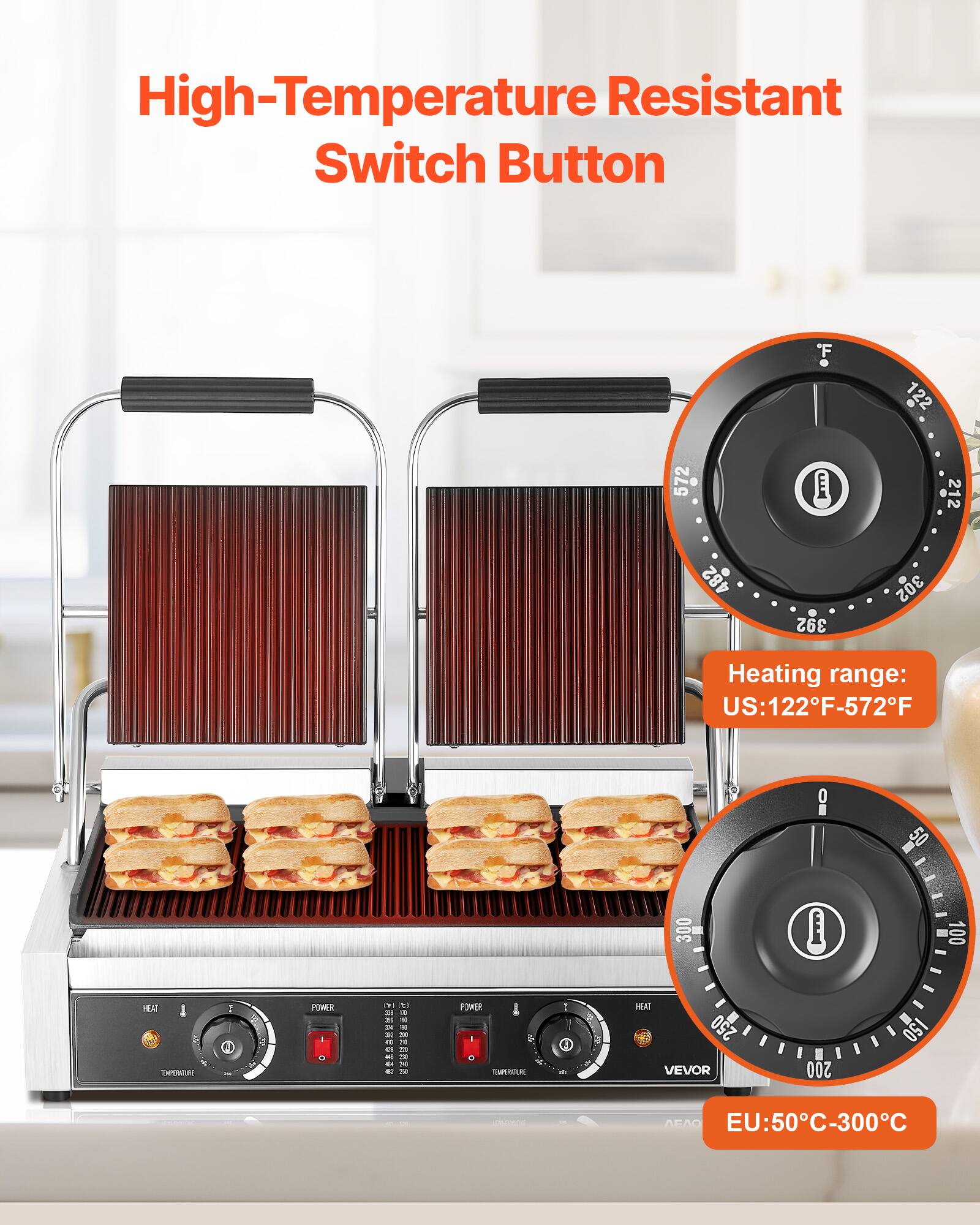 High-Temperature Resistant Switch Button

572
392
Heating range: US:122F-572F
50
300
- 100 -
HEAT INSTRUMENT
POWER
V. a DI 10 12 24 x DE 100 ag 10 21 C - TO - OR TV
POWER c 7 HERRAGE
MY
HEAT 250 VEVOR
200
ISO
- |
170.00
THE
EU:50C-300C