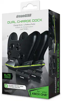 dreamGEAR
DUAL CHARGE DOCK
Charge Dock + 2 Battery Packs
Station de chargement + 2 BATTERIES
ELITE CONTROLLER COMPATIBLE
INCLUDES 2 BATTERY PACKS
2 BATTERIES INCLUSES
*Controllers not included.
*Manettes non incluses.
for | pour XBOX ONE