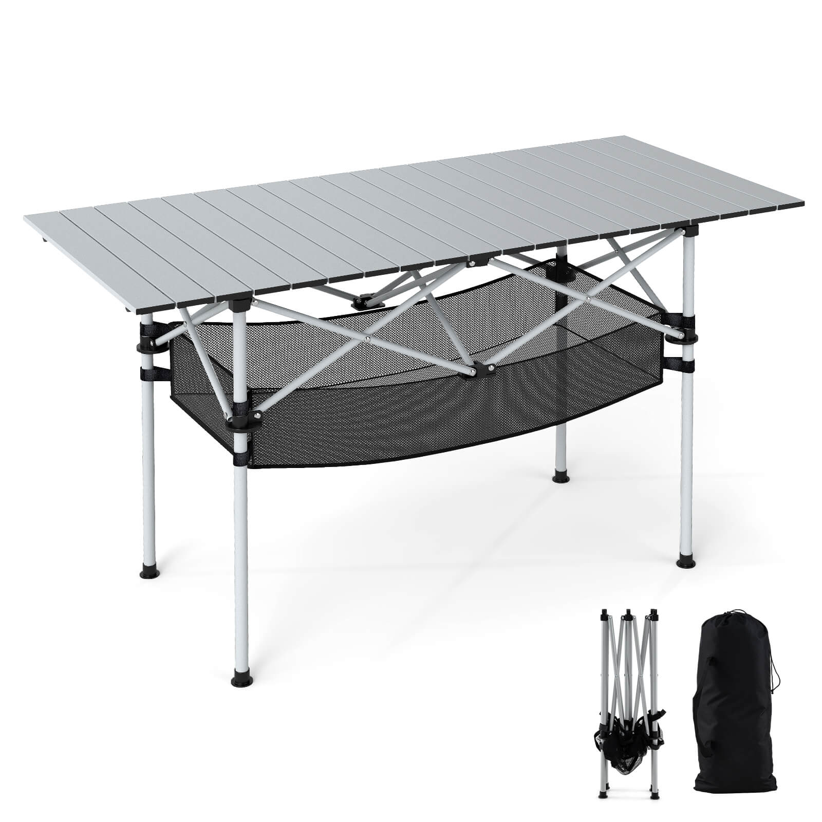 Alt View 9. Costway - Costway Patio Folding Camping Table with Aluminum Roll-up Tabletop & Mesh Basket - Sliver.
