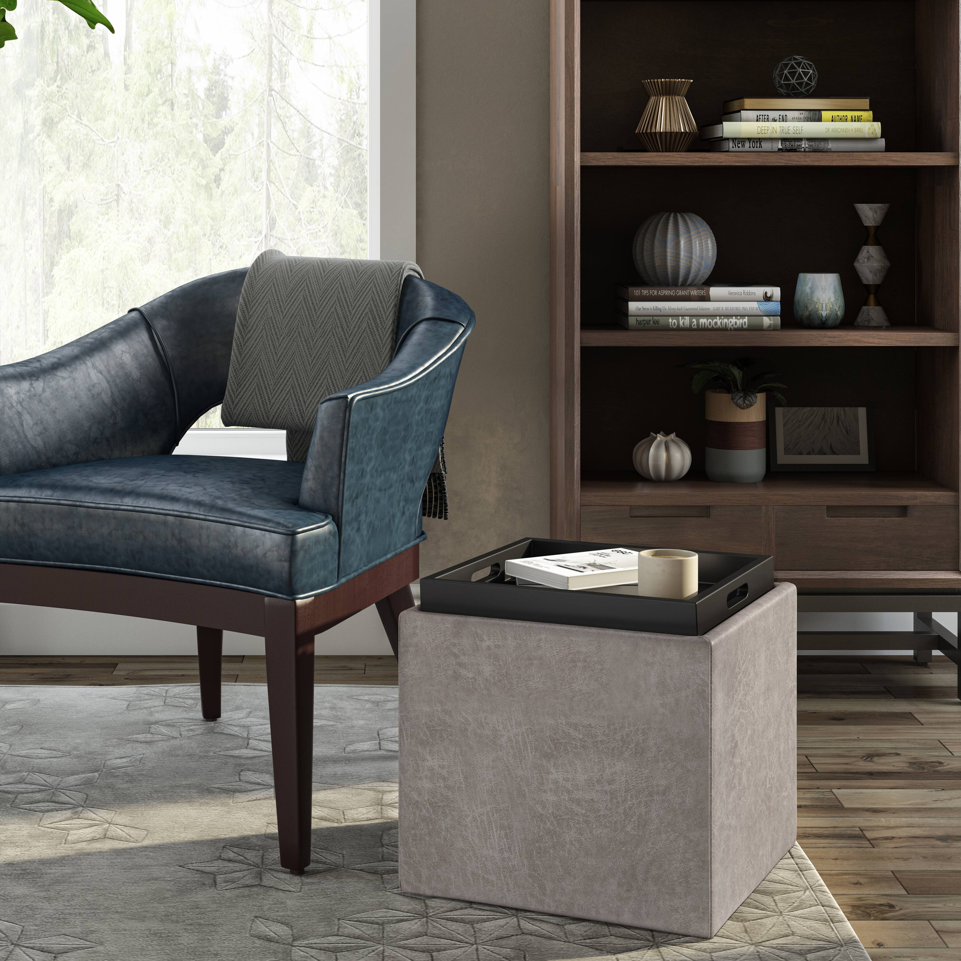 Left. Simpli Home - Rockwood Cube Storage Ottoman with Tray - Distressed Grey Taupe.