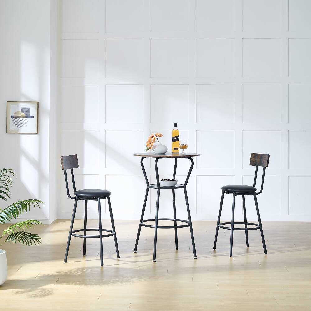 Angle. Loheer - Loheer Round Bar Table Set Rustic Brown Upholstered Bar Stools Small Space Bar Set Iron Frame Bar Furniture - Rustic Brown.