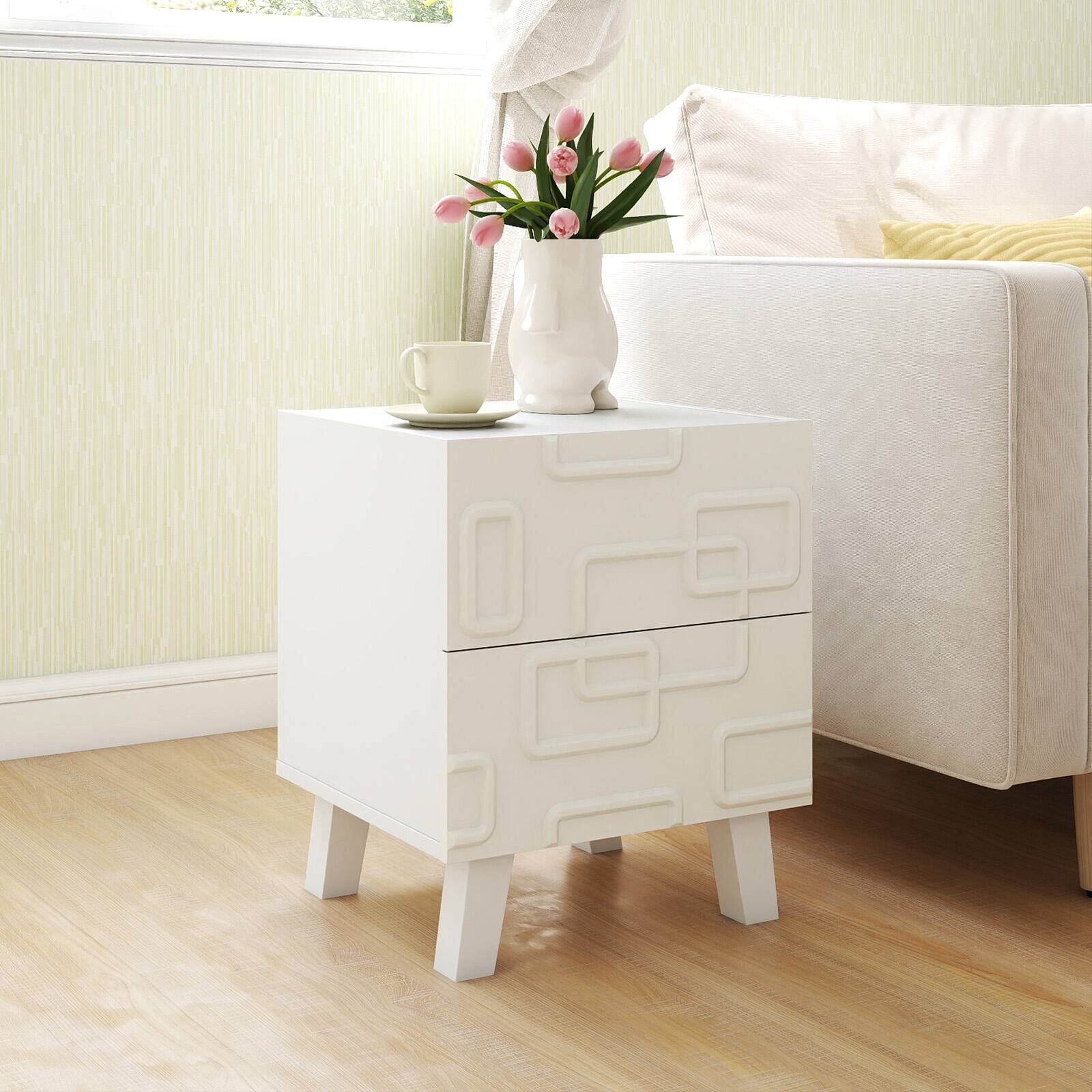Alt View 7. Gymax - Gymax 2PCS Mid Century Modern Bedside Table w/2 Storage Drawers 3D Geometric Patterns - White.