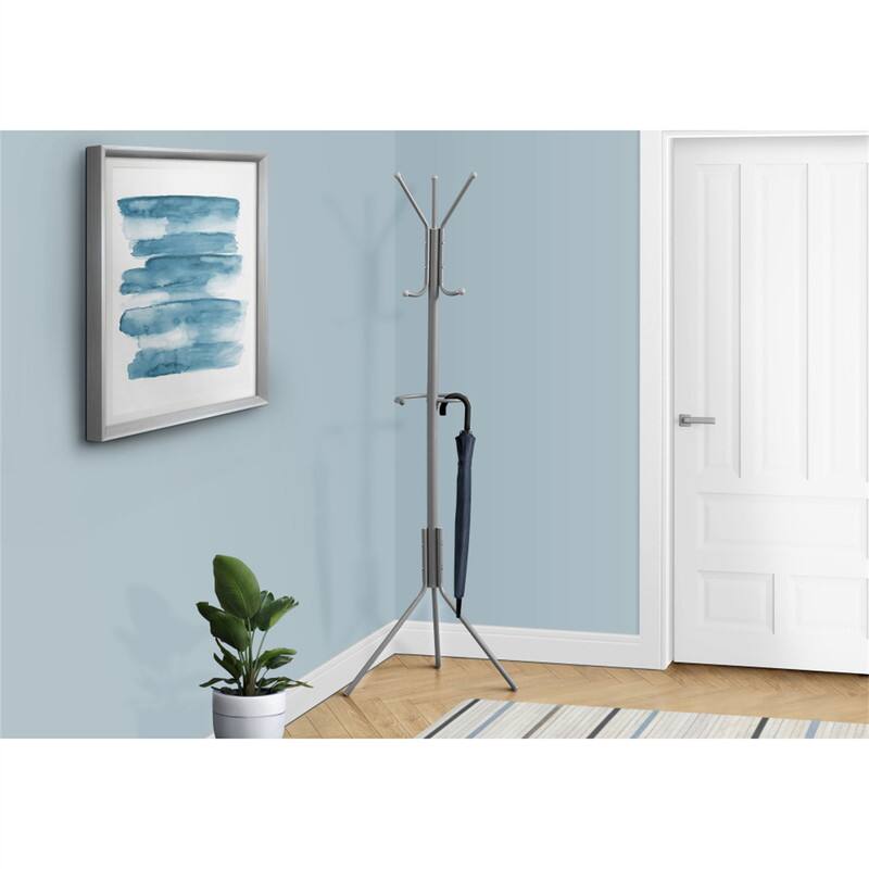 Angle. ALEXOUN - Coat Rack with Hall Tree - Free Standing, Hanging Bar, 6 Hooks, 68" Height, Grey Metal,Suitable for Entryway and Bedroom - Silver.