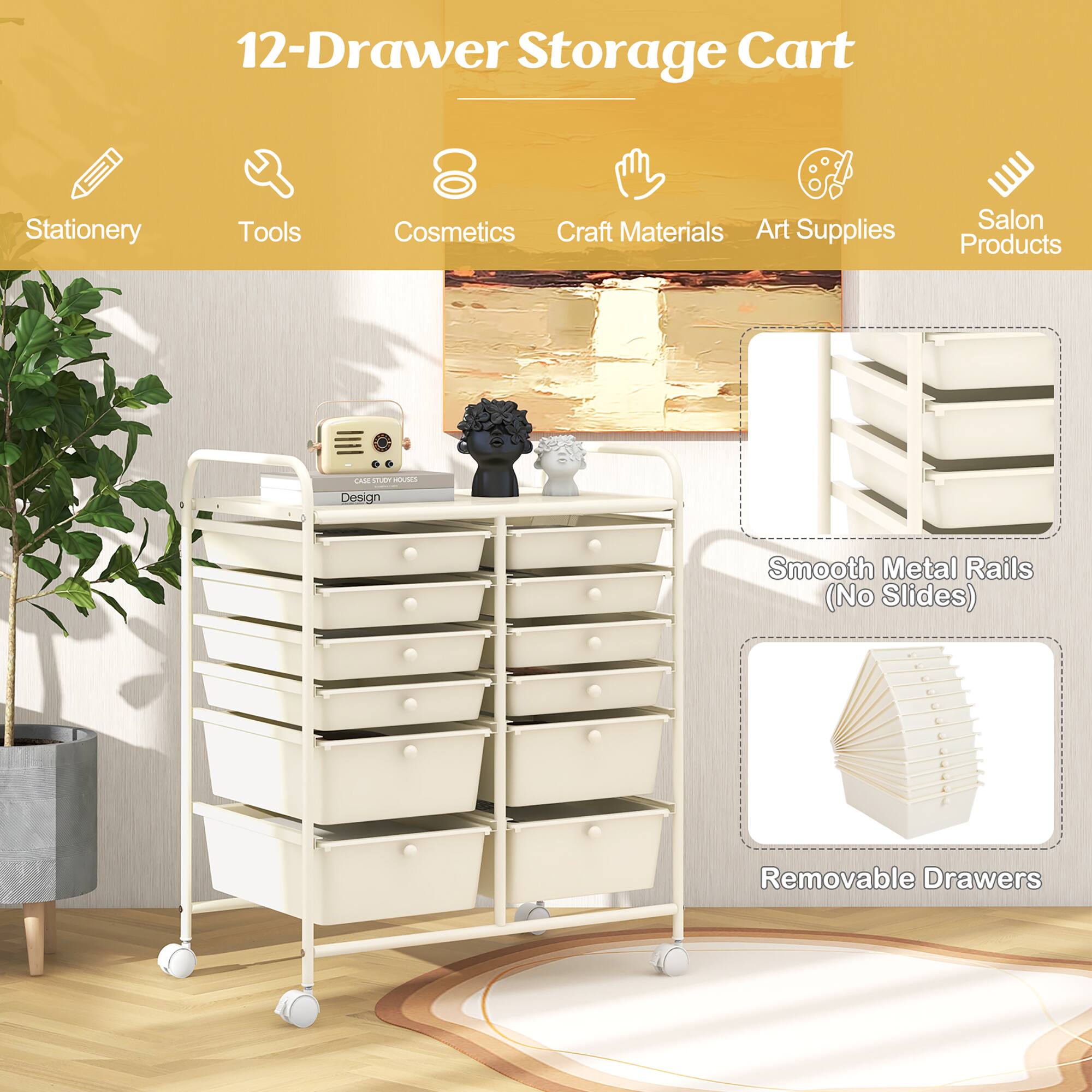 12-Drawer Storage Cart

Stationery Tools Cosmetics Craft Materials Art Supplies Salon Products

Smooth Metal Rails (No Slides)

Removable Drawers