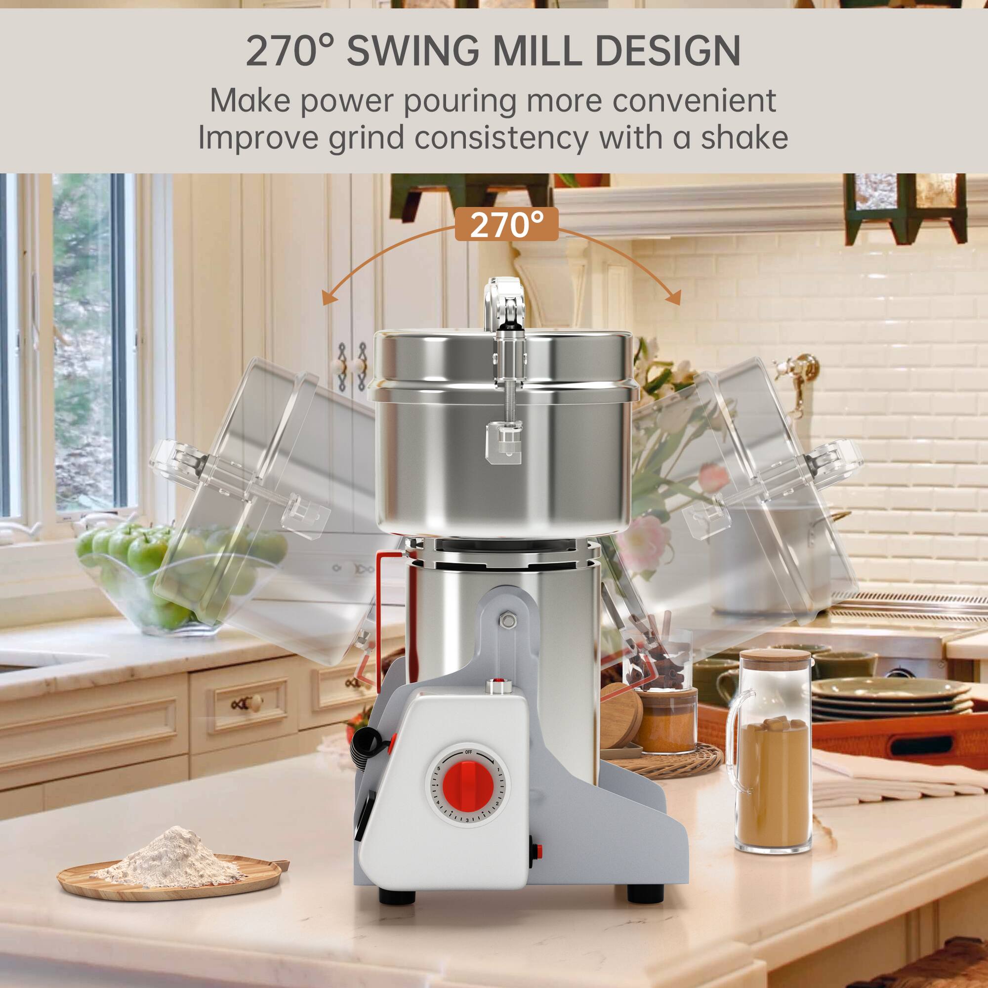 270° SWING MILL DESIGN  
Make power pouring more convenient  
Improve grind consistency with a shake