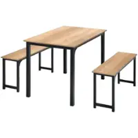 Costway 3pcs Dining Table Set Modern Studio Collection Table and 2 Bench Nature - Nature and Black - Front_Zoom