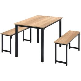 Costway - 3pcs Dining Table Set Modern Studio Collection Table and 2 Bench Nature - Nature and Black