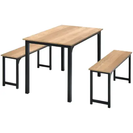 Costway - 3pcs Dining Table Set Modern Studio Collection Table and 2 Bench Nature - Nature and Black