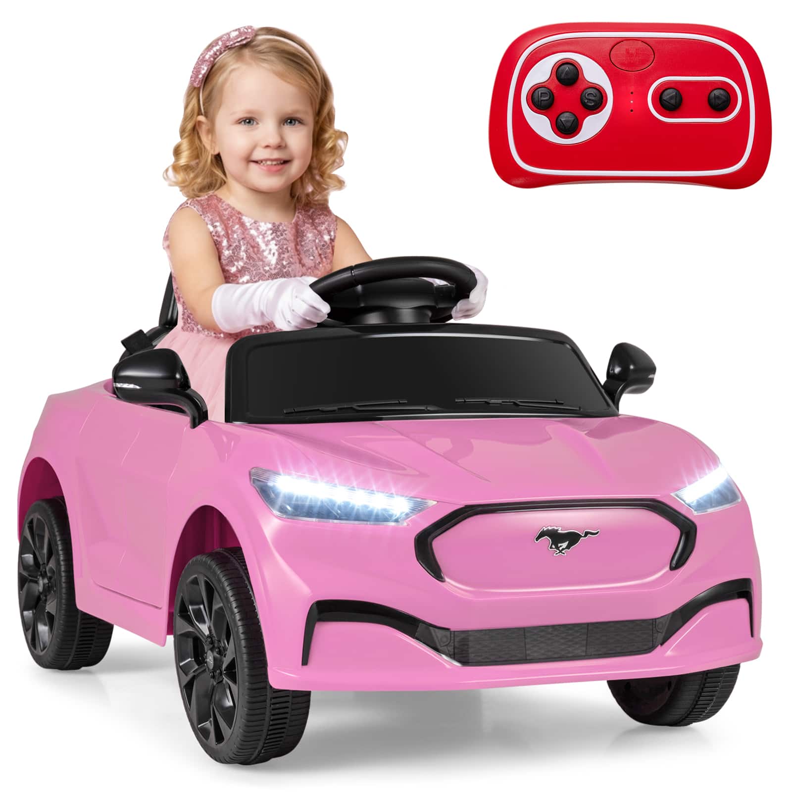 Gymax - Licensed Ford Mach E Electric Vehicle w/Parent Control LED Lights Horn Music - Pink