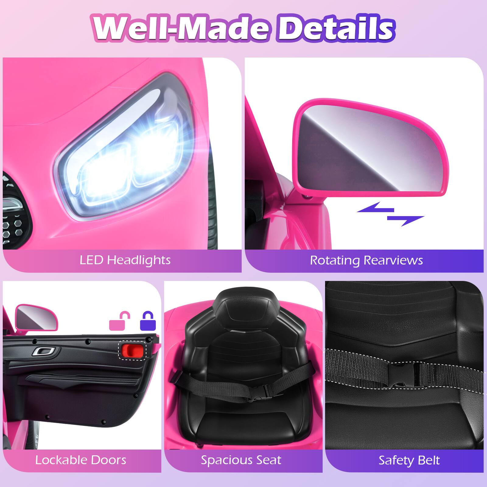 Well-Made Details

- LED Headlights
- Rotating Rearviews
- Lockable Doors
- Spacious Seat
- Safety Belt