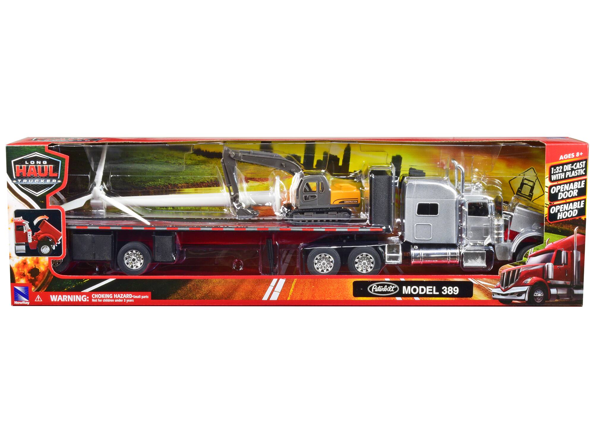 LONG HAUL TRUCKER  
AGES 8+  
1:32 DIE-CAST WITH PLASTIC  
OPENABLE DOOR  
OPENABLE HOOD  
MODEL 389  

WARNING: CHOKING HAZARD - small parts  
Not for children under 3 years