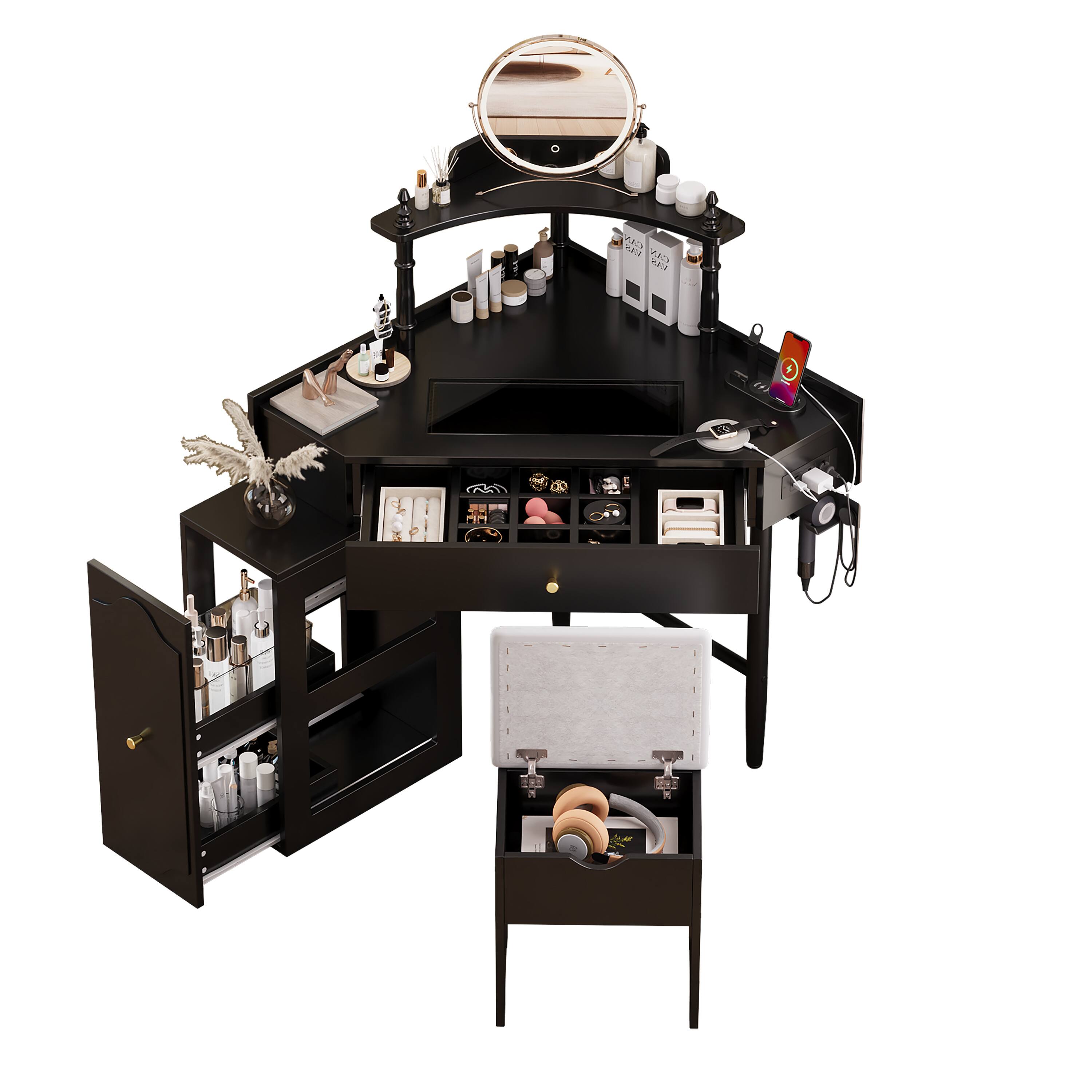 Spaco - Corner Makeup Vanity with Charging Station, Pull-Out Cabinet, Glass Top, Drawer, Shelf and Stool - Black