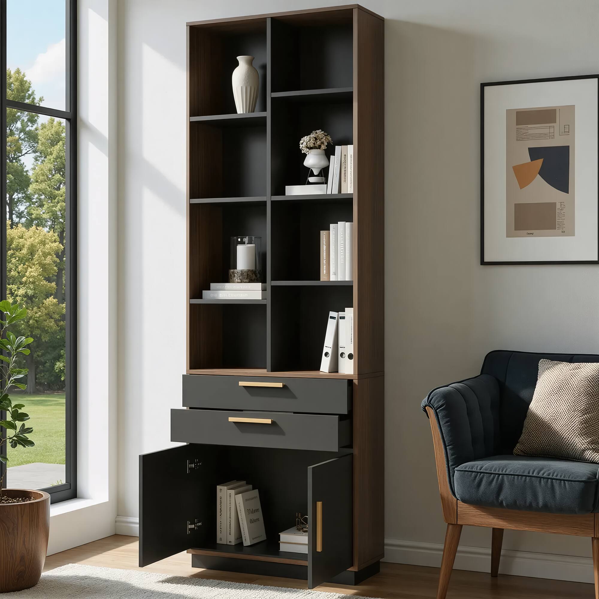 Alt View 6. ModernMate - 73.3" Tall Black Walnut Bookcase with 8 Storage Cubes, 2 Drawers and Doors - Black Walnut.