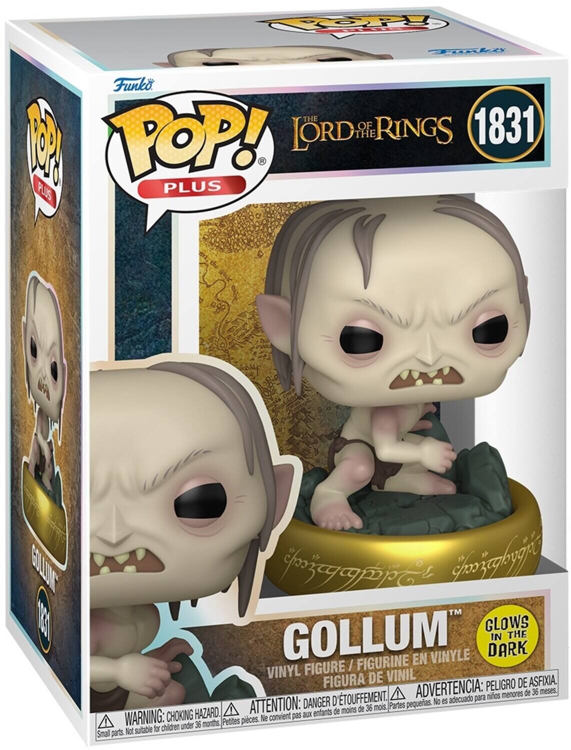 Sure, here is the corrected and grouped text from the image:

---

**Funko POP! Plus**

**The Lord of the Rings**

**1831**

**Gollum**

**Vinyl Figure / Figurine en Vinyle / Figura de Vinil**

**Glow in the Dark**

**Warning: Choking Hazard. Small parts. Not suitable for children under 36 months.**

**Attention: Danger d'étouffement. Petites pièces. Ne convient pas aux enfants de moins de 36 mois.**

**Advertencia: Peligro de asfixia. Partes pequeñas. No es adecuado para niños menores de 36 meses.**

---