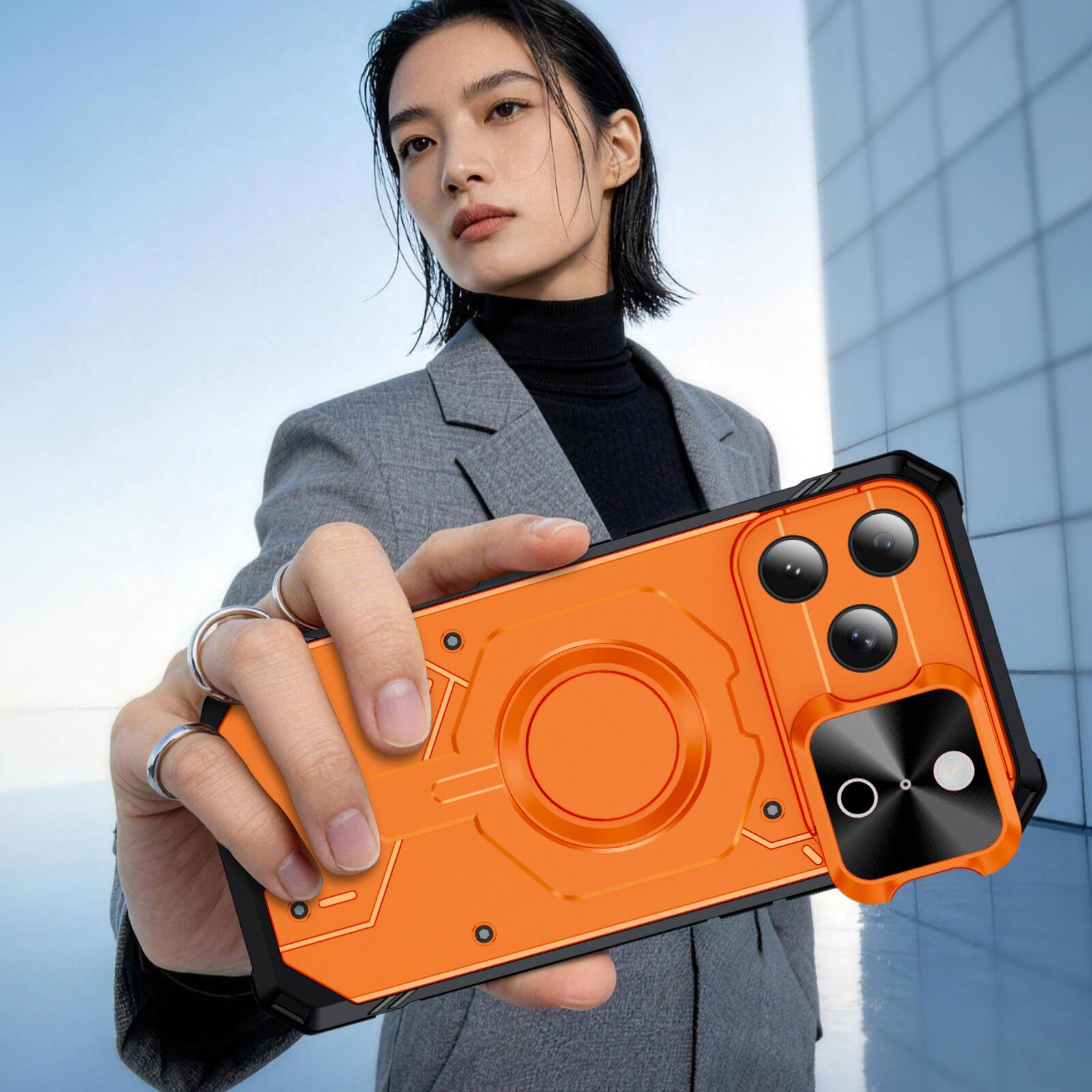 Alt View 1. Dteck - Shockproof Magnetic Hybrid Protective Case for Apple iPhone 18 Pro with Slide Camera Cover, Side Anti-Slip Texture - Orange.