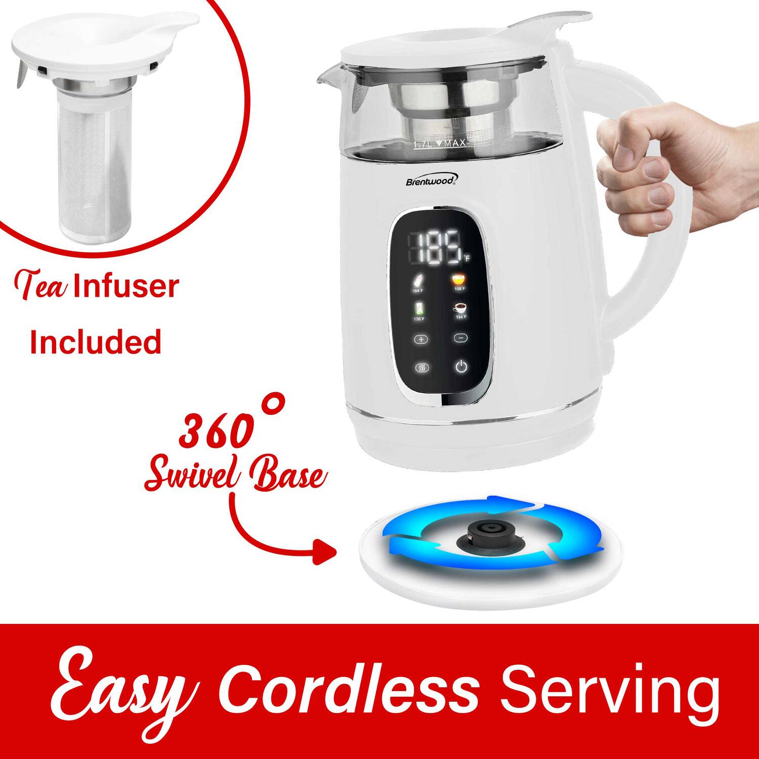 - Tea Infuser Included
- 360° Swivel Base
- Easy Cordless Serving