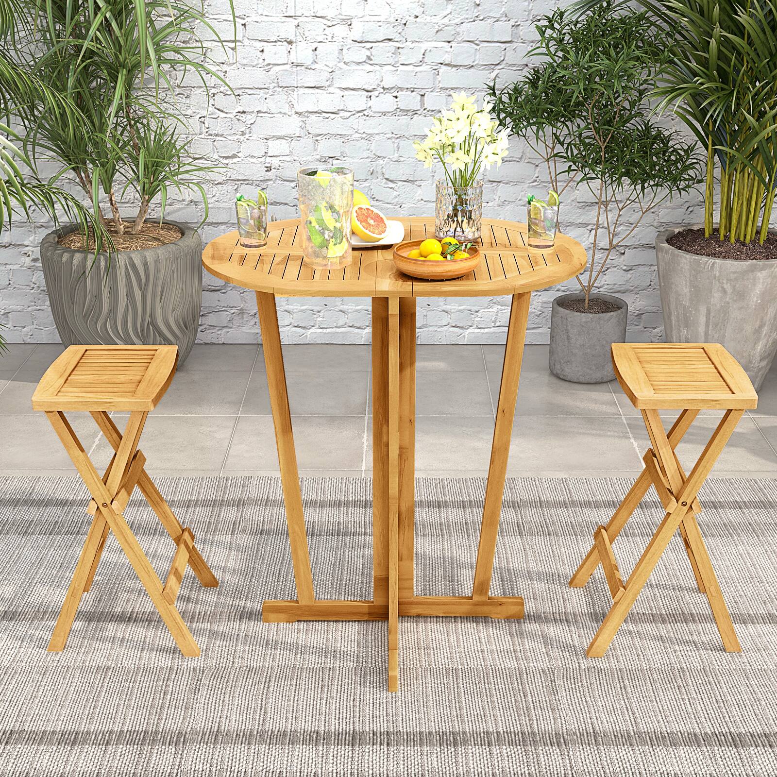 Angle. Sugift - Outdoor Folding Bar Table with Oval Tabletop and Cross Base - Natural.