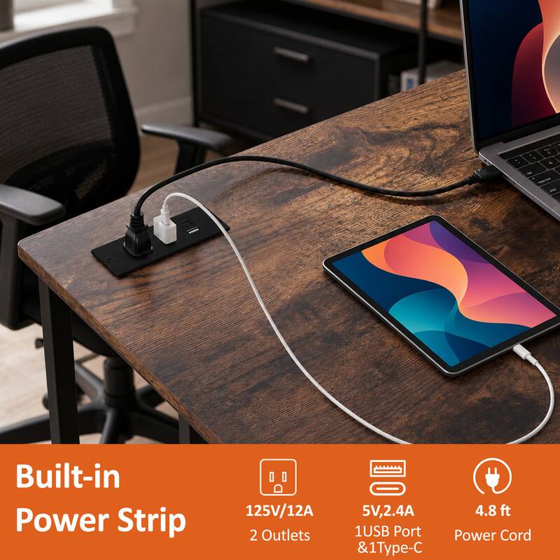 Built-in Power Strip  
125V/12A  
2 Outlets  
5V, 2.4A  
1USB Port & 1Type-C  
4.8 ft Power Cord