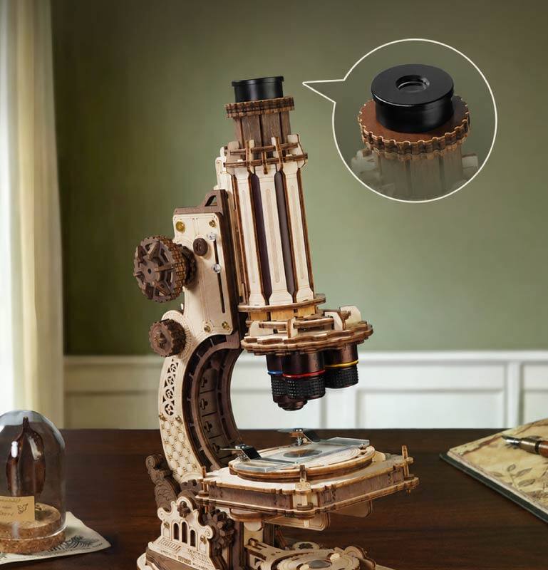 Alt View 9. Robotime - ROKR Wooden 3D Puzzle Building Kit, Real Optical Microscope with 40X-400X Magnification ST005.