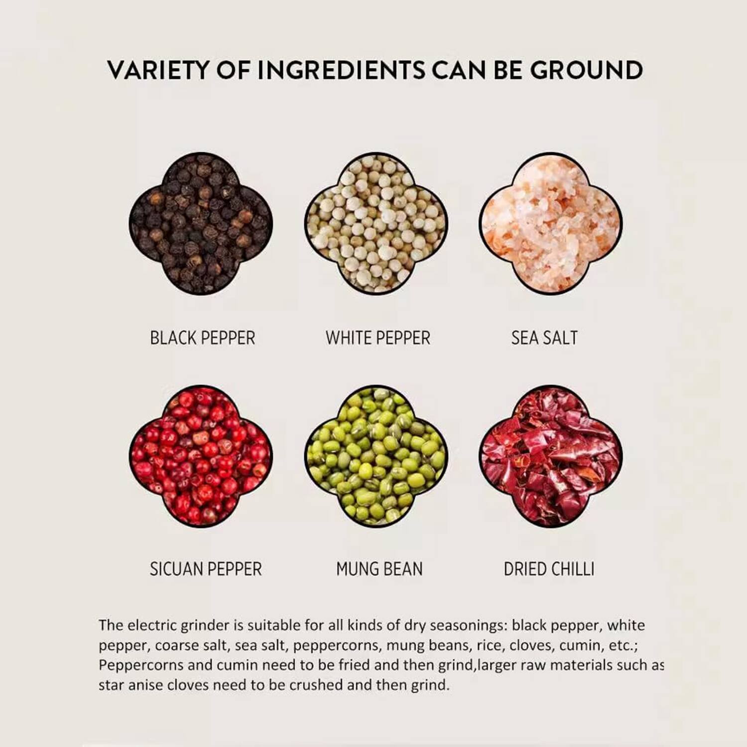 VARIETY OF INGREDIENTS CAN BE GROUND

BLACK PEPPER  
WHITE PEPPER  
SEA SALT  
SICUAN PEPPER  
MUNG BEAN  
DRIED CHILLI  

The electric grinder is suitable for all kinds of dry seasonings: black pepper, white pepper, coarse salt, sea salt, peppercorns, mung beans, rice, cloves, cumin, etc.; Peppercorns and cumin need to be fried and then ground, larger raw materials such as star anise cloves need to be crushed and then ground.
